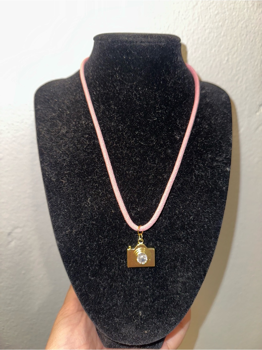 Gold tone Camera Pendant Necklace on Pink Cord - Handmade! New!!
